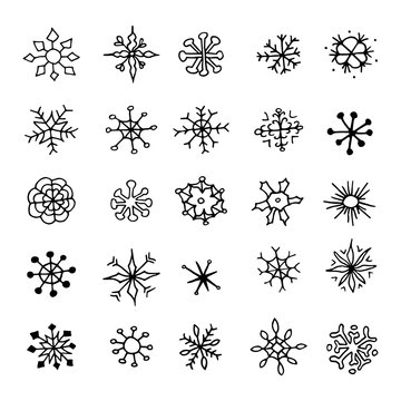 Set of hand drawn sketch snowflakes.