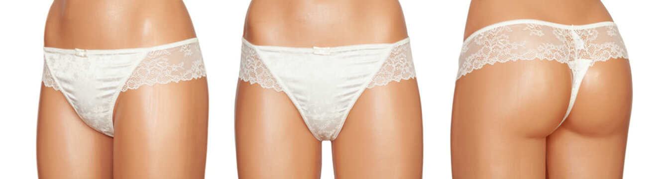 Female erotic panties on mannequin isolated on white background. Underwear closeup. Collage.