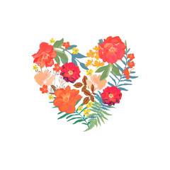 Floral heart with isolated hand drawn flowers. Design for cards,