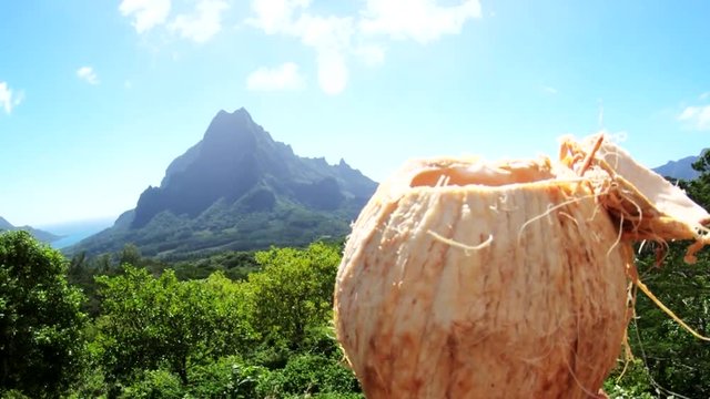 Wide POV, scenic mountain over lush Tahiti landscape