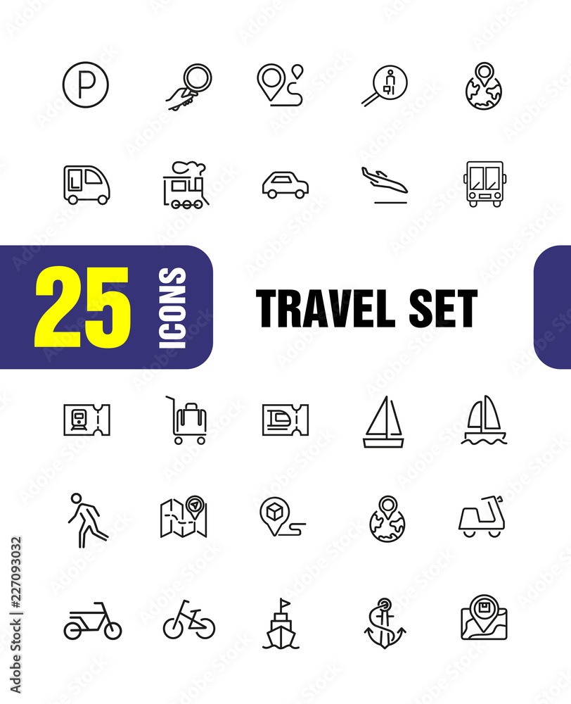 Sticker travel icons. set of line icons. train ticket, bus, bicycle. trip concept. vector illustration can b