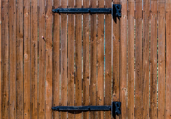 texture wooden fence with a wooden door on iron hinges