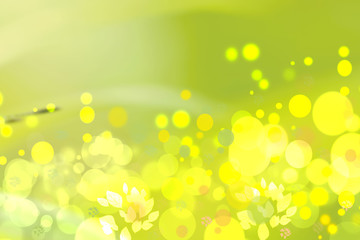 Abstract autumn gradient yellow green bright background texture with leaves and bokeh circles. Space.