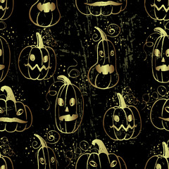 Fototapeta premium Ink hand drawn halloween pattern with pumpkin characters