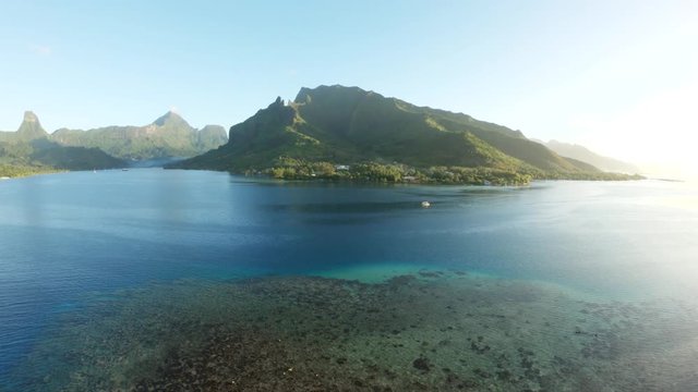 Pan right aerial, scenic Tahiti coast