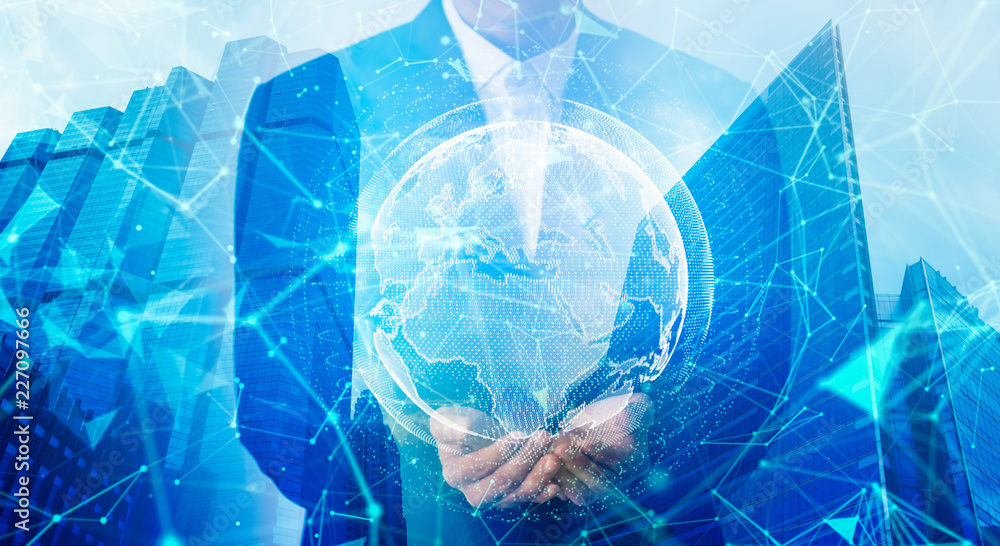 Poster double exposure elements of businessman holding in hand with global connection blockchain concept.bi