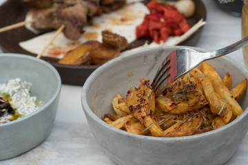 Shish kebab menu and vegetables.