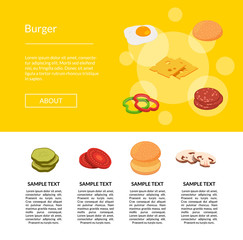 Vector isometric burger ingredients landing page template illustration for web site