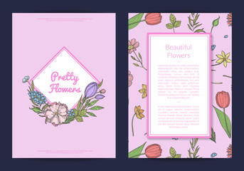 Vector hand drawn flowers card or flyer template illustration. Set of banner or poster
