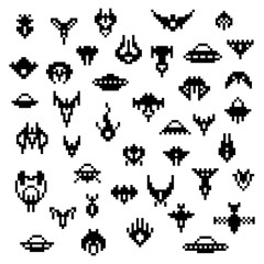 Pixel alien spaceships, a vector set of retro style 8 bit icons, old school pixel art space game sprites, various classic invaders ship silhouettes isolated on white