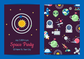 Vector flat space icons party invitation template illustration. Banner in cosmos style