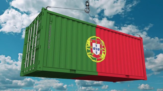 Loading cargo container with flag of Portugal. Portuguese import or export related conceptual 3D animation