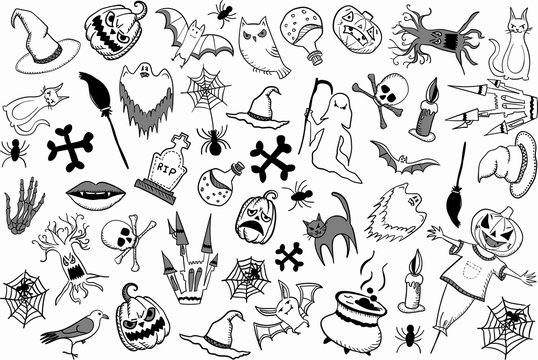 Collection of halloween silhouette icons and characters.