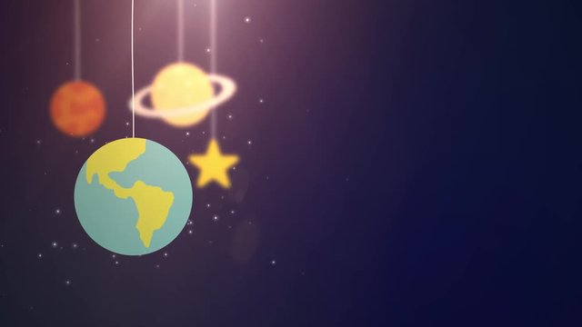 flat design planets falling down hanging on string blue background star earth saturn