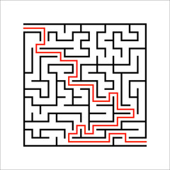 Abstract square maze. Game for kids. Puzzle for children. One entrances, one exit. Labyrinth conundrum. Simple flat vector illustration isolated on white background. With answer.