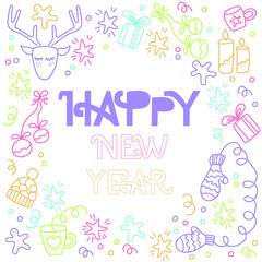 Happy New Year Card. Hand drawn doodle illustration for your invitation, flyer, poster, t-shirt design or blog post. Pastel colour's theme.