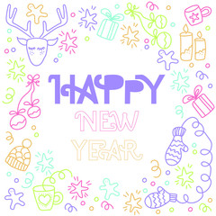 Happy New Year Card. Hand drawn doodle illustration for your  invitation, flyer, poster, t-shirt design or blog post. Pastel colour's theme.