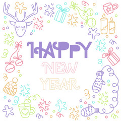 Fototapeta na wymiar Happy New Year Card. Hand drawn doodle illustration for your invitation, flyer, poster, t-shirt design or blog post. Pastel colour's theme.