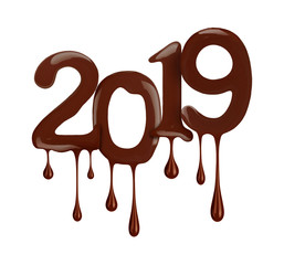 Date of the New Year 2019 year is shown in chocolate version, isolated on white background
