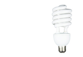 Energy saving spiral fluorescent light bulb on isolated white background with copy space. concept of interior design, tool, equipment, save the earth or creative idea or innovation
