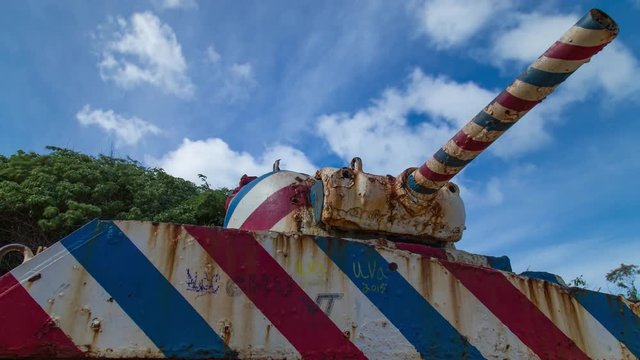 Time lapse hyperlapse of an old Sherman tank rusting in the water of the tropical beach of Flamenco in Culebra Island, Puerto Rico