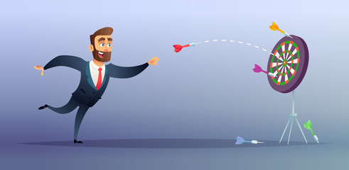 Businessman makes a dart throw on the target. The concept of persistence in business.