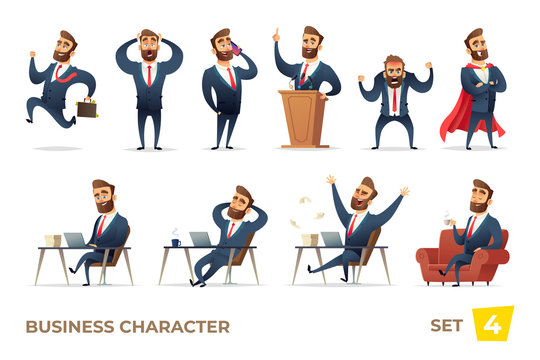 Businessman collection. Bearded charming business men in different situations. Manager character design.