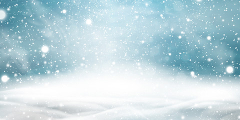 Natural Winter Christmas background with blue sky, heavy snowfall, snowflakes in different shapes and forms, snowdrifts. Winter landscape with falling christmas shining beautiful snow.