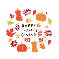 Happy Thanksgiving Day card. Background with autumn leaves and pumpkins. Vector illustration.