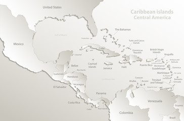 Caribbean islands, Central America map, separate states, state names, card paper 3D natural vector