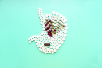 Stomach made of pills. Stomach treatment concept. World Digestive Health Day concept. Top view, copy space for your text.