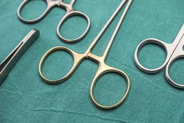 Several scissors for surgery in operating room of a hospital, conceptual image