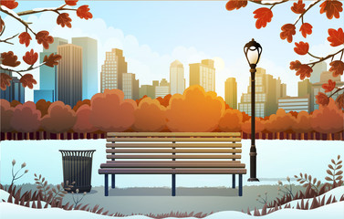 Vector illustration of bench and streetlight in city park with skyscrapers background in winter.