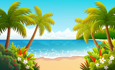 Fototapeta na wymiar Tropical island vector illustration. Beach with palm trees, bushes and flowers.