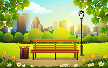 Vector illustration of bench and streetlight in city park with skyscrapers background in spring. - obrazy, fototapety, plakaty