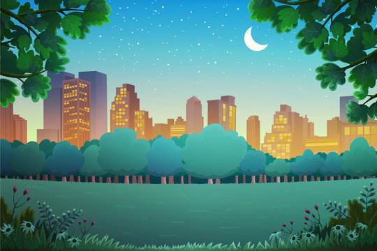 Vector Illustration Of Central Park With Skyscrapers Background At Night.