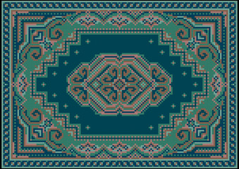 Vintage luxurious carpet in green and blue shades with a pattern on a blue field in the center