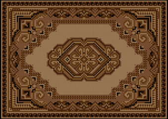 Vintage luxurious carpet in brown and beige shades with a pattern on a yellow beige field in the center
