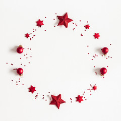 Christmas composition. Christmas wreath on white background. Flat lay, top view, copy space, square