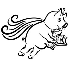 Flying rich pig with money, wearing a hat and a superhero cloak