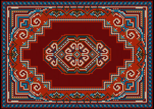 Vintage luxurious motley carpet in red and blue shades with pattern on a burgundy field in the center
