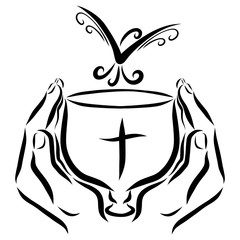 Hands holding a bowl with a cross over which a bird flies