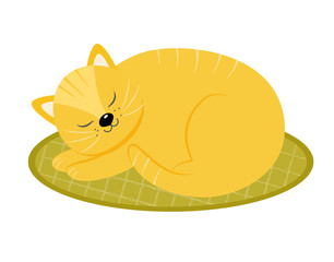 Red cat sleeping on the rug. Cartoon style