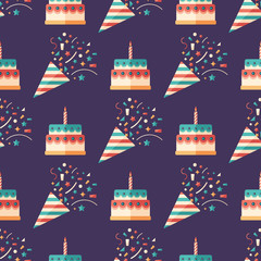Party crackers and cakes flat art seamless pattern.