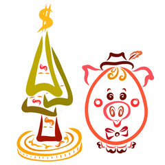 Little pig in a hat with a feather and a Christmas tree made of money