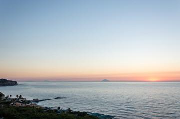 Sunset on Stromboli volcanic island view from Tropea in Calabria Italy