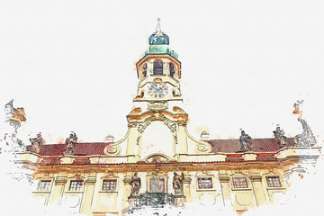 Fototapeta premium A watercolor sketch or illustration of the catholic church of the Nativity of the Lord. Prague Loreta in Prague in Czech Republic