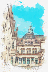 Fototapeta premium A watercolor sketch or illustration. Part of the ancient architectural complex called the Royal Palace built in the 16th century in Dresden in Germany.