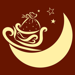 Santa's sleigh with a bag of gifts standing on the moon under the stars