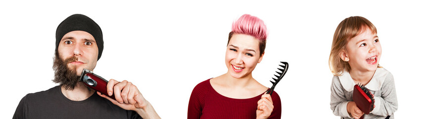 Set of portraits of young people holding comb and clipper isolated on a white background.